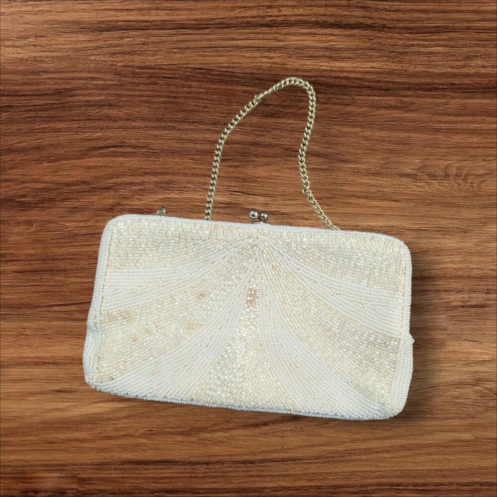 Vintage Walborg Beaded cream Evening Bag Purse Made In‎ Japan Gold Chain strap